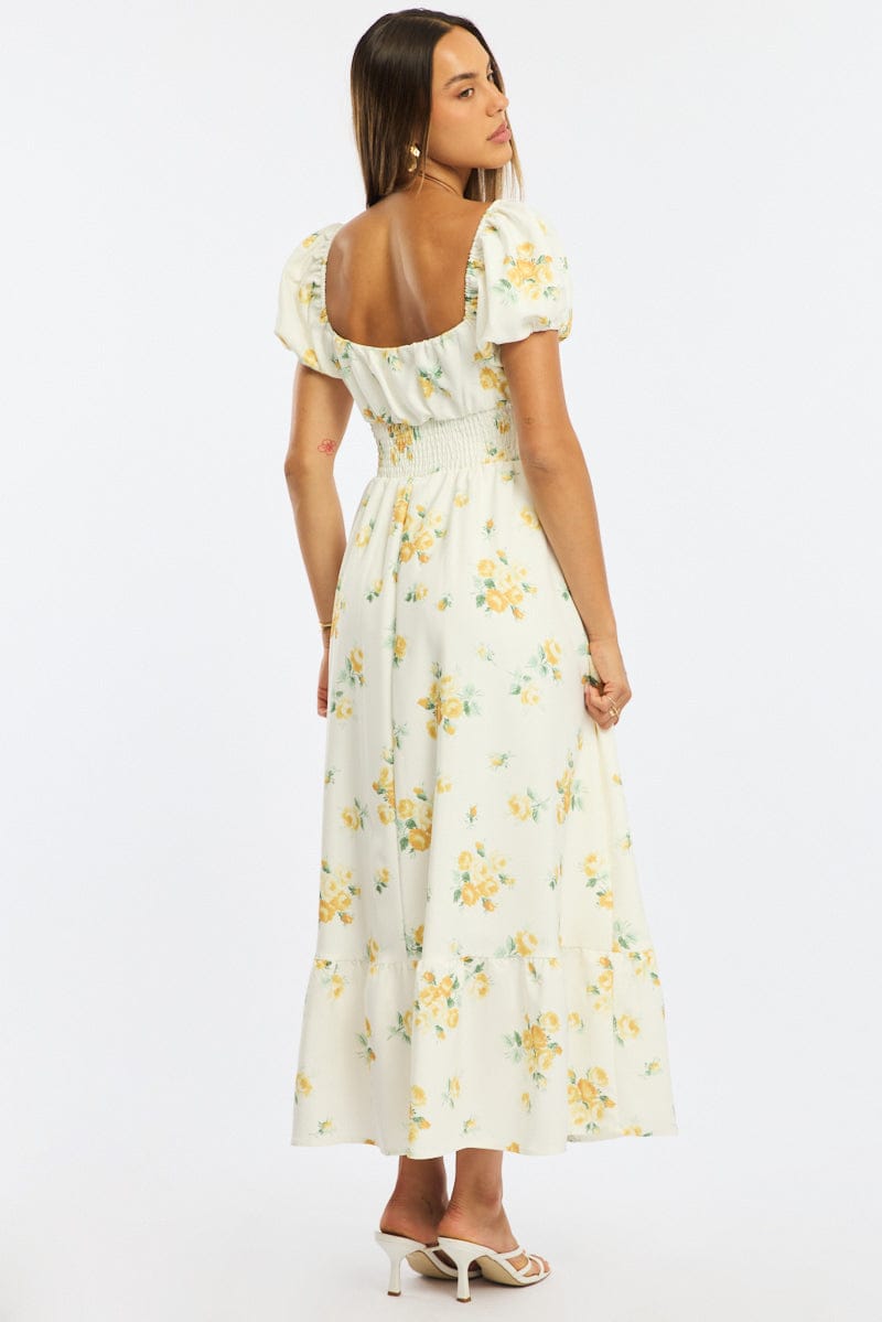 Yellow Floral Maxi Dress Puff Sleeve