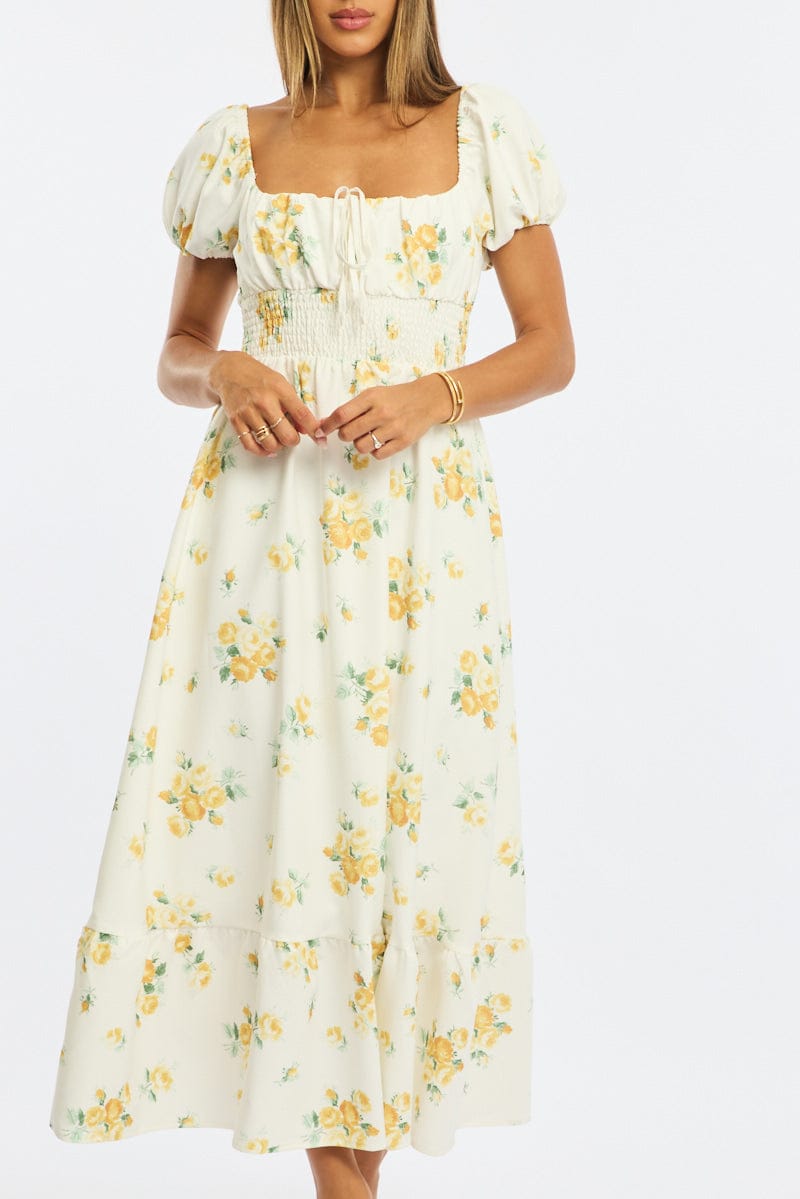 Yellow Floral Maxi Dress Puff Sleeve