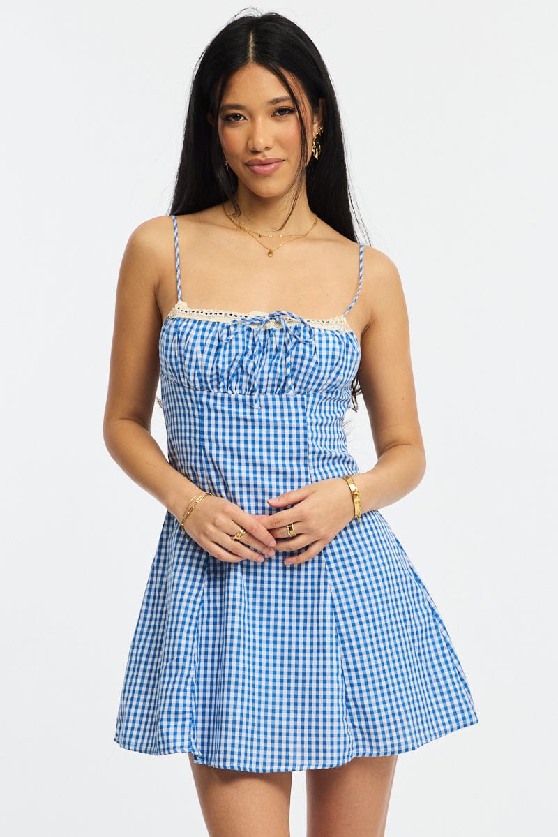Blue Check Mini Dress Strappy