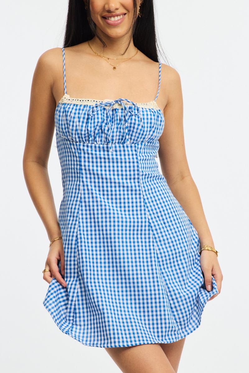 Blue Check Mini Dress Strappy