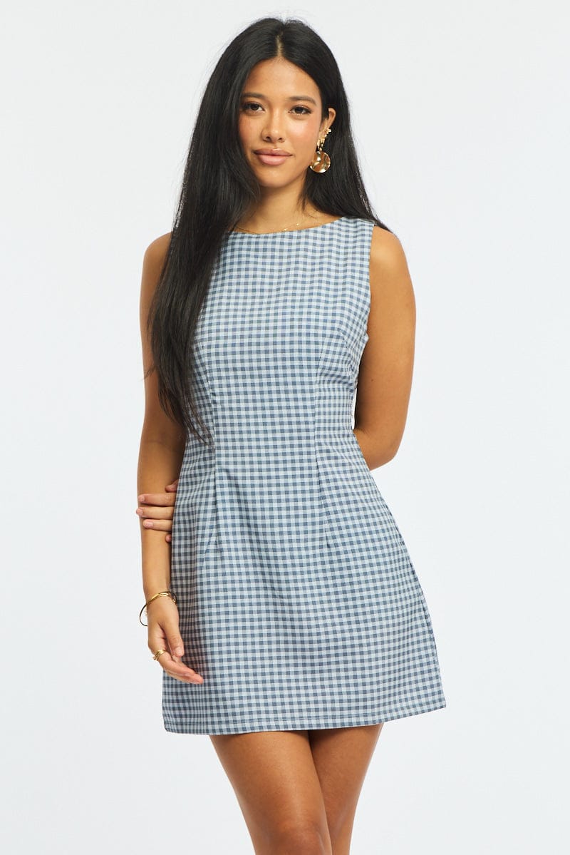 Blue Check Bodycon Dress Mini Check
