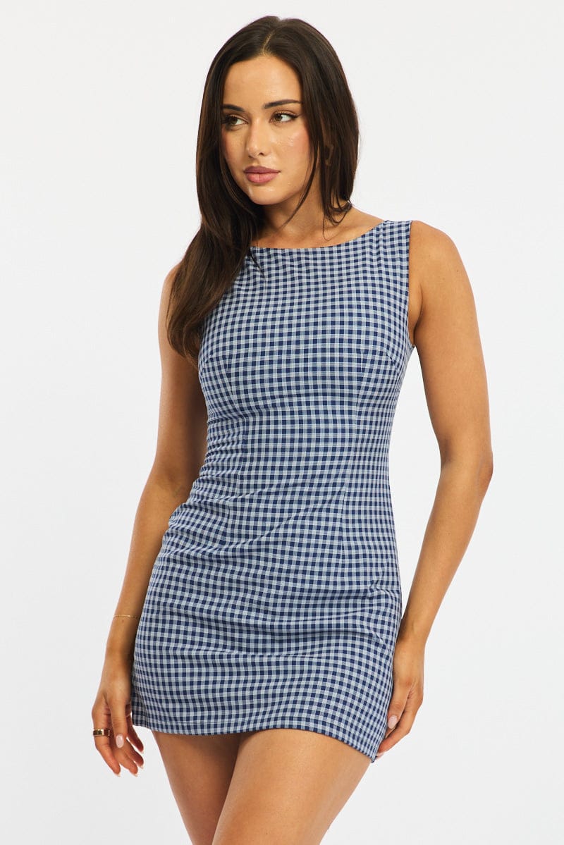Blue Check Bodycon Dress Mini Check