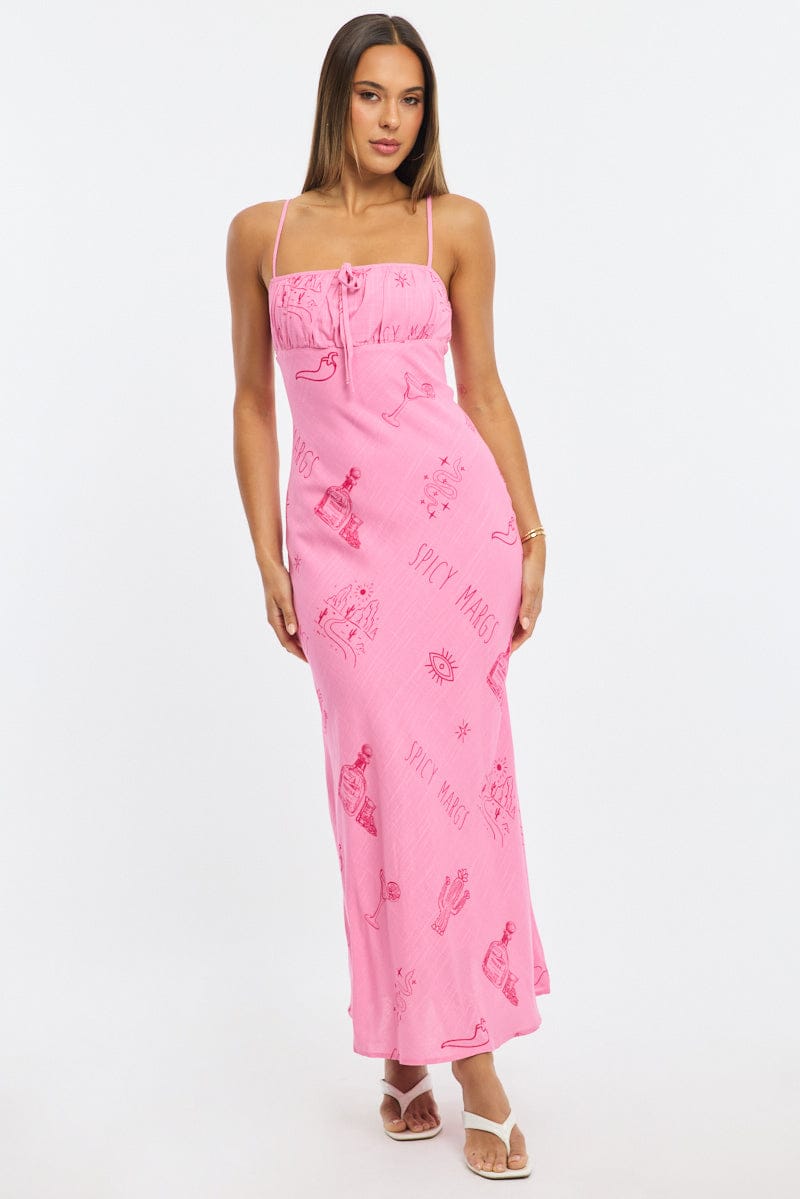 Pink Abstract Midi Dress Strappy