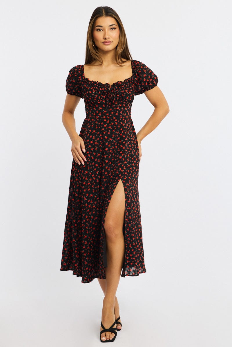 Black Ditsy Midi Dress Puff Sleeve