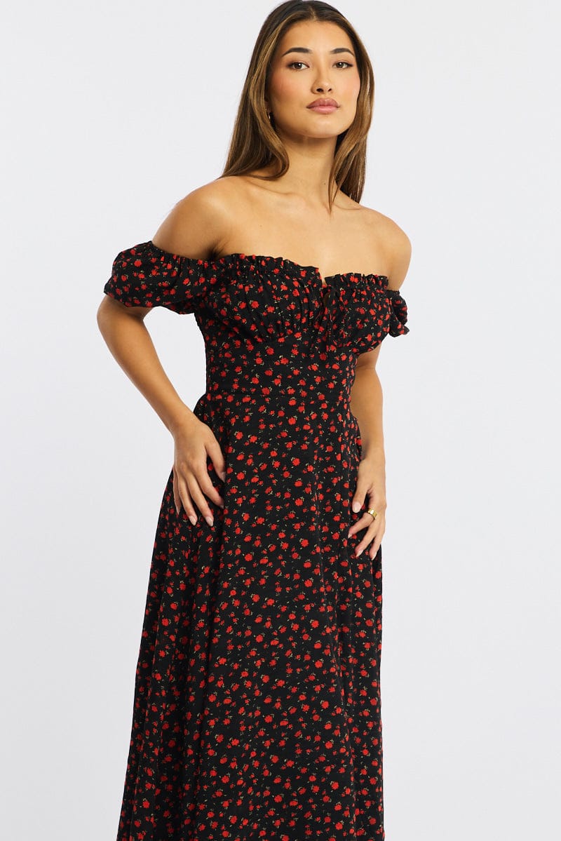 Black Ditsy Midi Dress Puff Sleeve