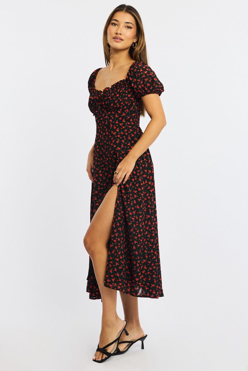 Black Ditsy Midi Dress Puff Sleeve