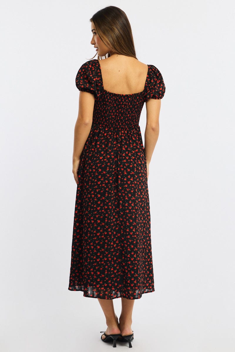 Black Ditsy Midi Dress Puff Sleeve