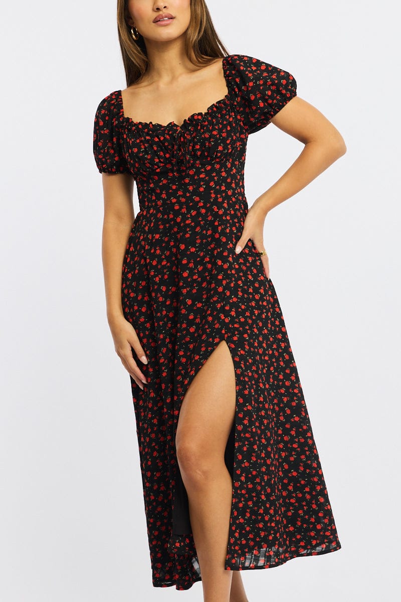 Black Ditsy Midi Dress Puff Sleeve