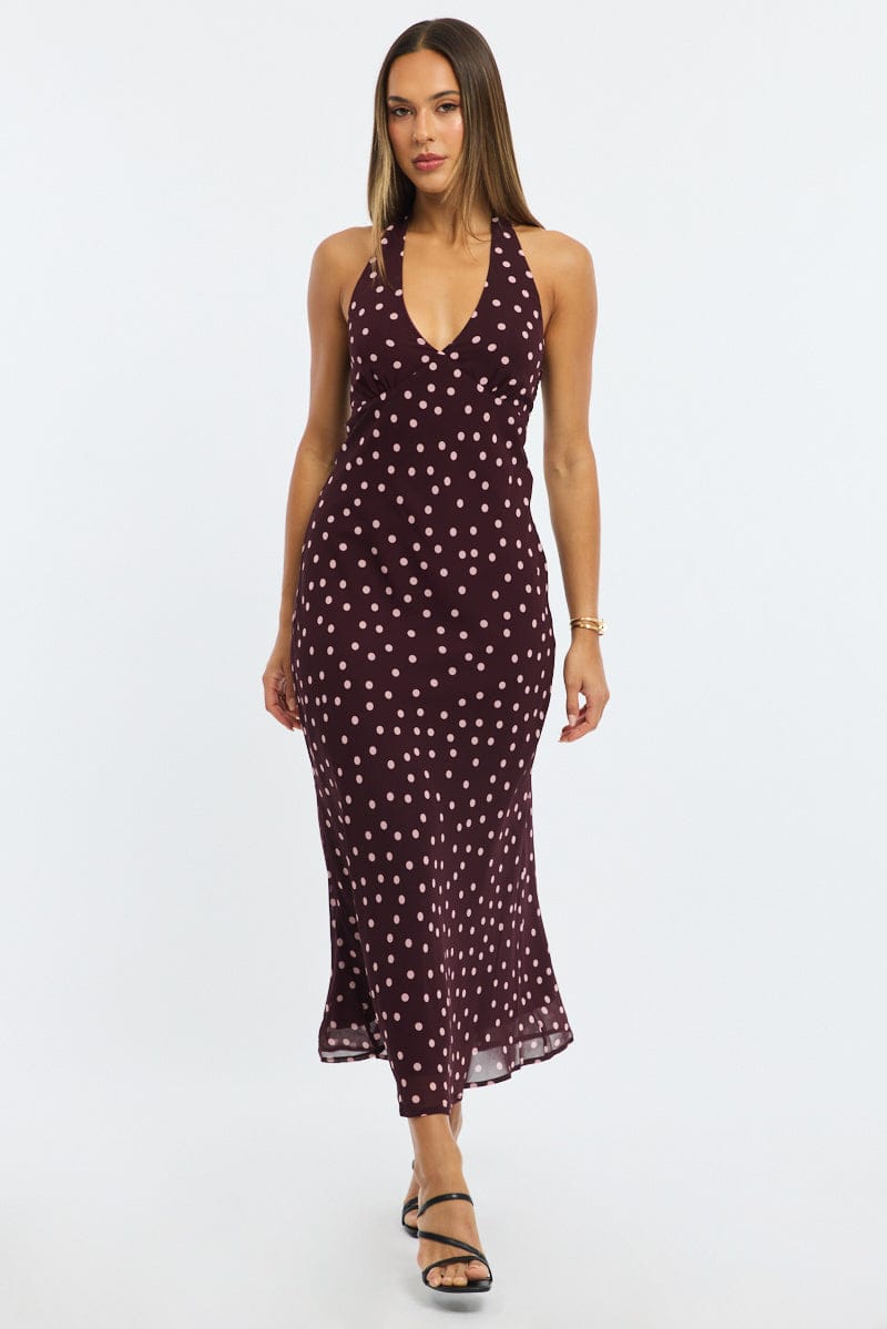 Red Polka Dot Midi Dress Halter Neck