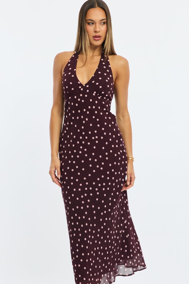 Red Polka Dot Midi Dress Halter Neck