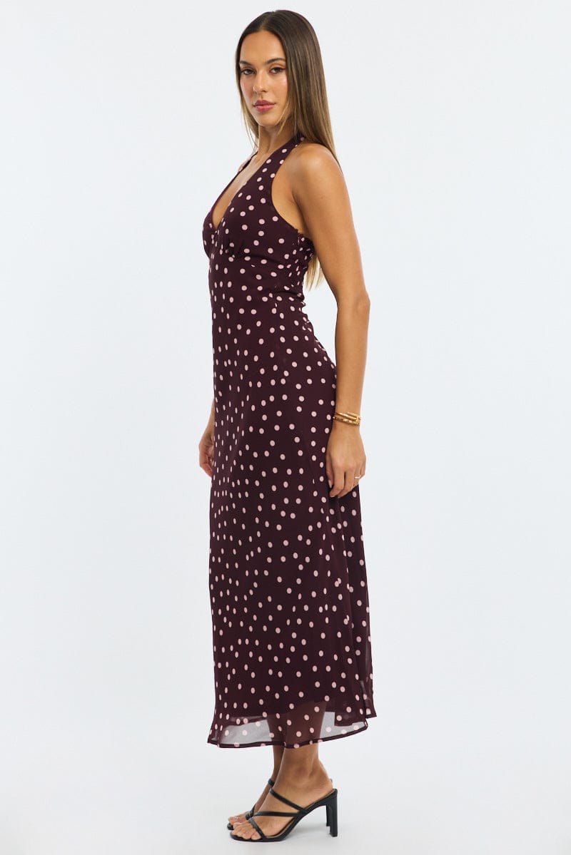 Red Polka Dot Midi Dress Halter Neck