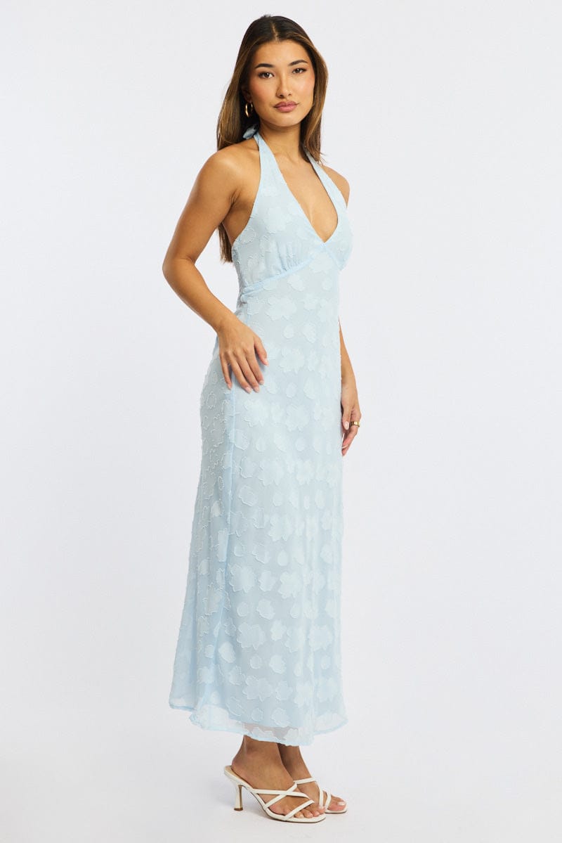 Blue Midi Dress Halter Neck