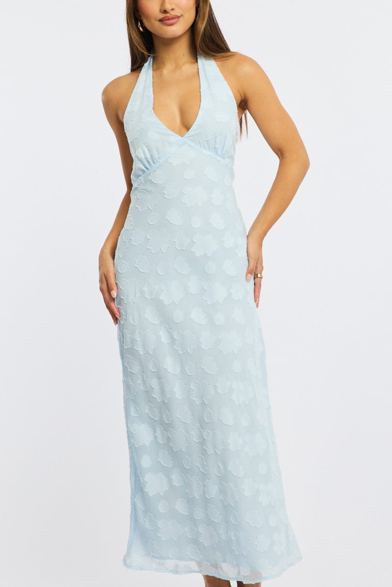 Blue Midi Dress Halter Neck