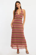 Multi Stripe Midi Dress Halter Neck