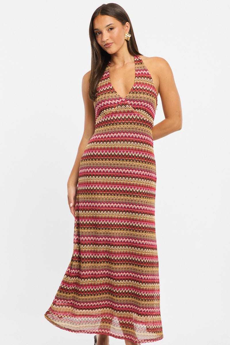 Multi Stripe Midi Dress Halter Neck