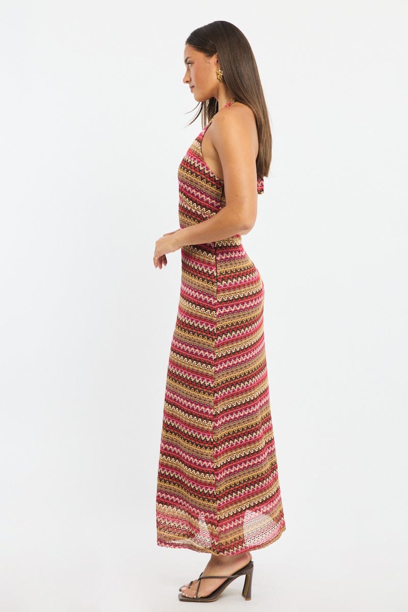 Multi Stripe Midi Dress Halter Neck