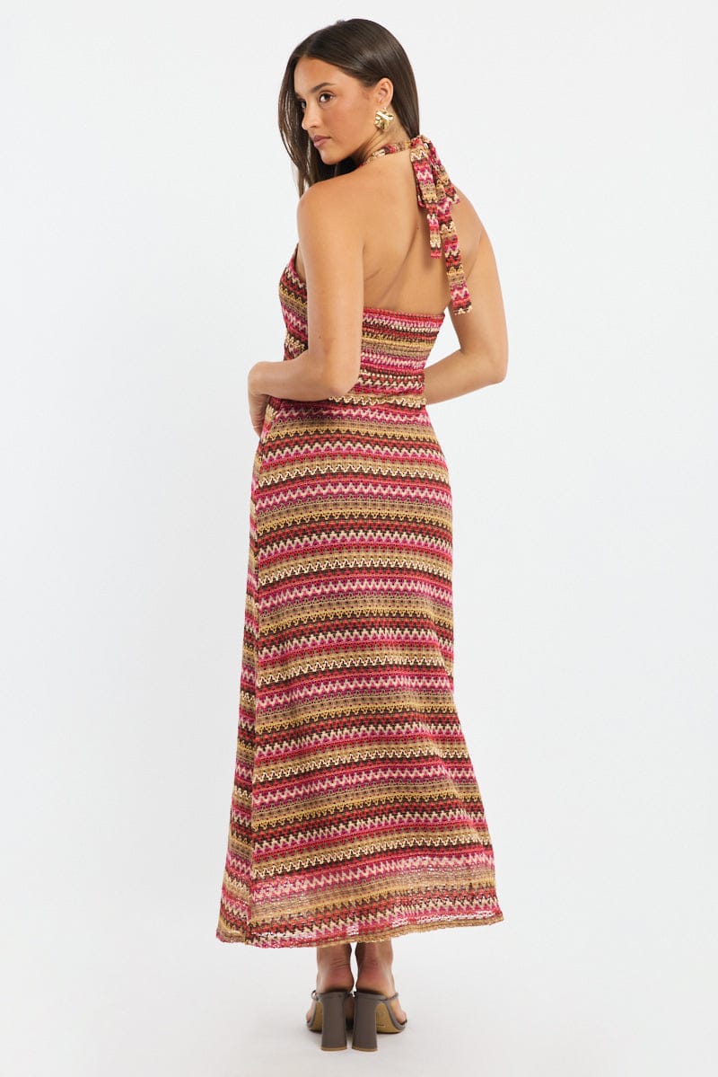 Multi Stripe Midi Dress Halter Neck