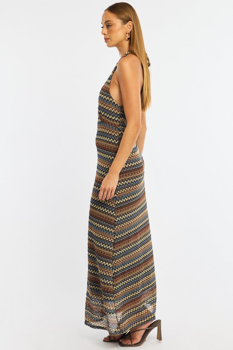 Multi Stripe Midi Dress Halter Neck