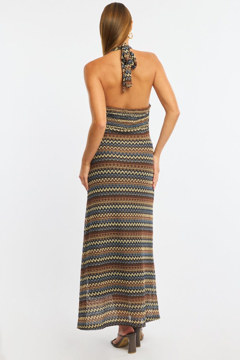 Multi Stripe Midi Dress Halter Neck