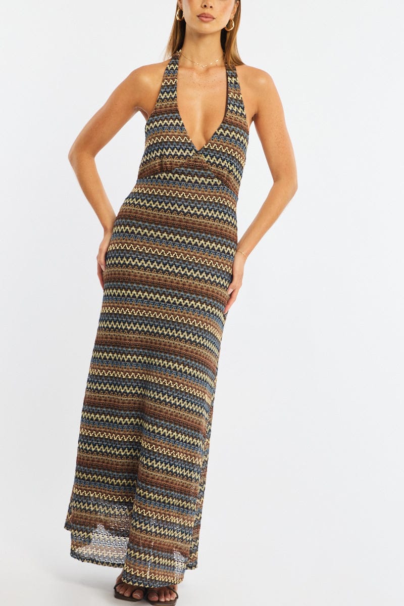Multi Stripe Midi Dress Halter Neck