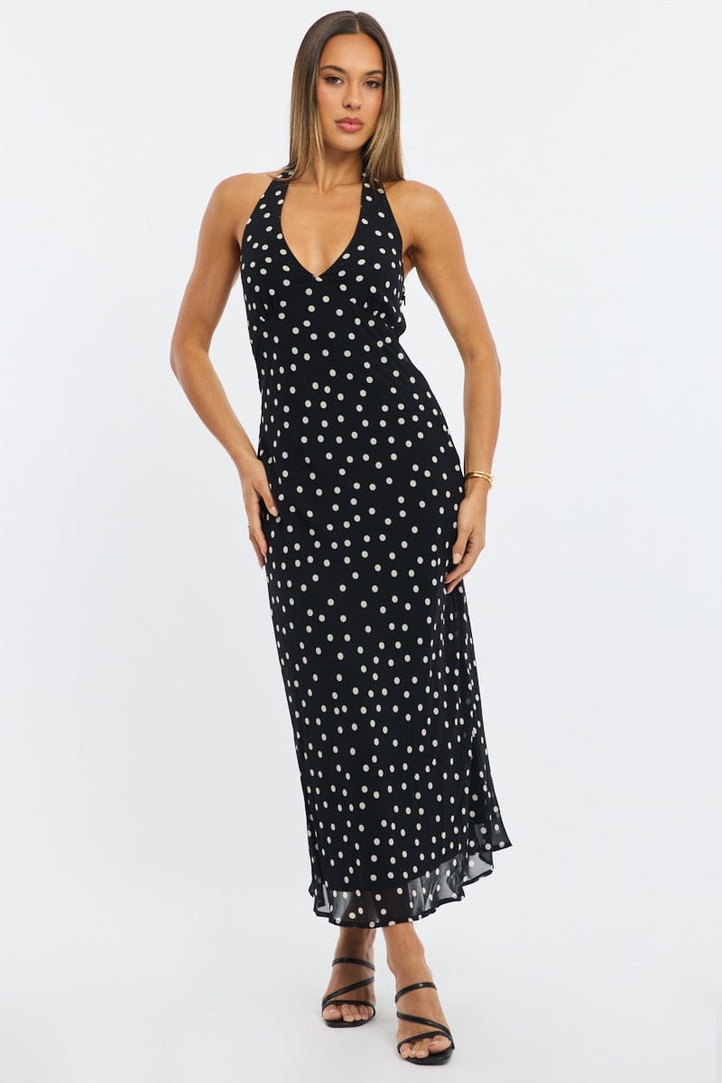 Black Polka Dot Midi Dress Halter Neck