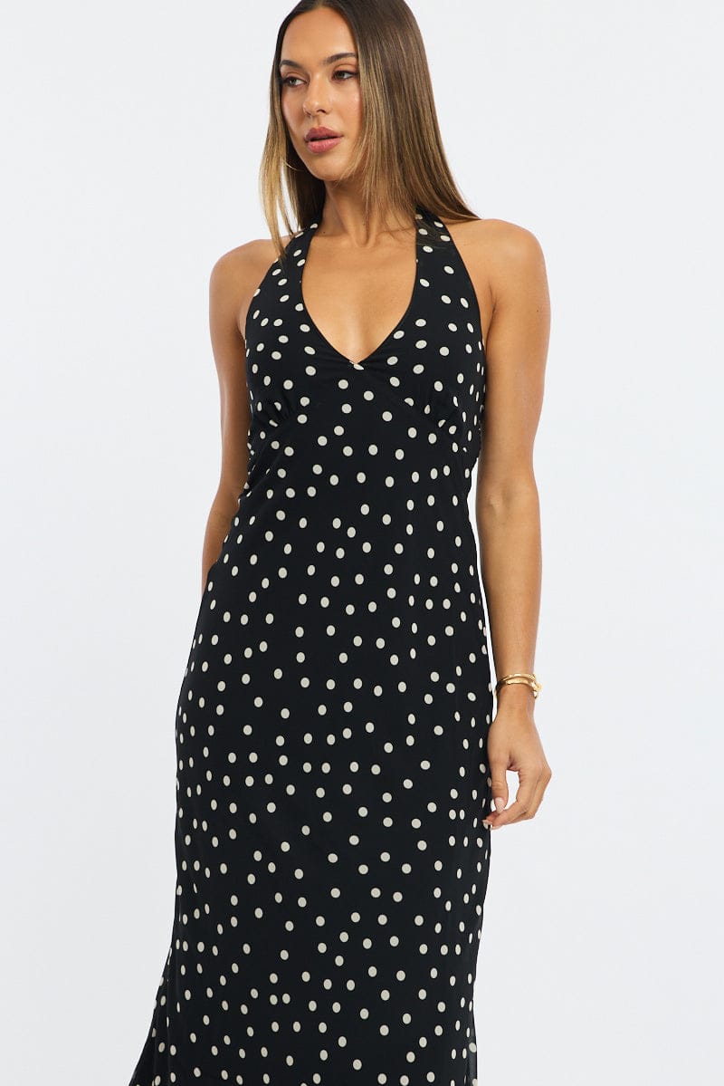 Black Polka Dot Midi Dress Halter Neck