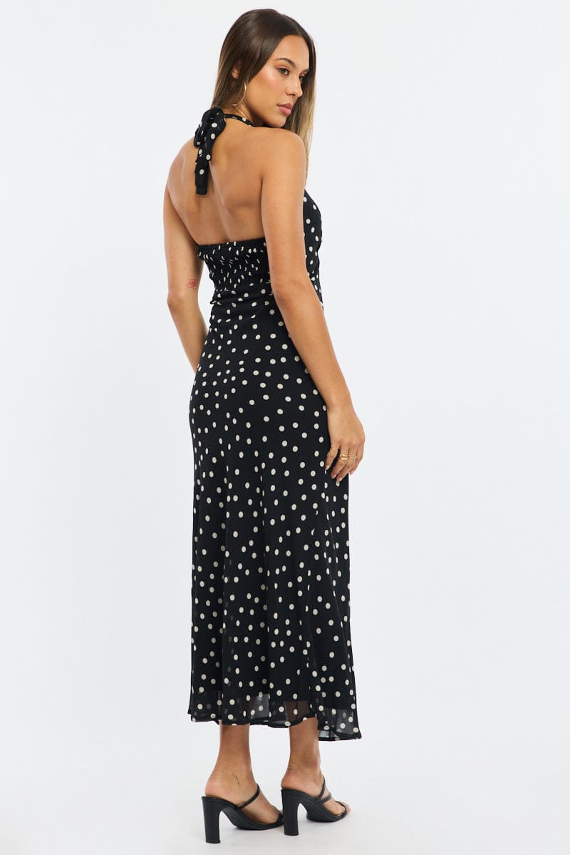Black Polka Dot Midi Dress Halter Neck