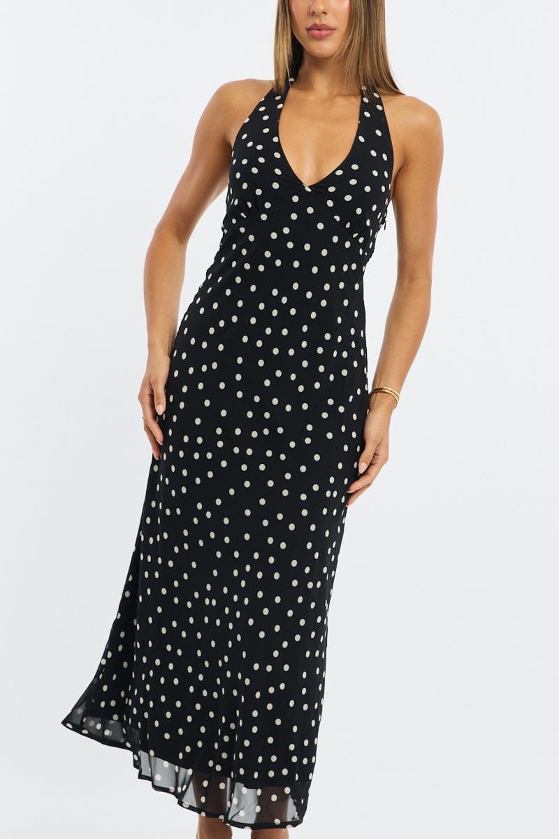 Black Polka Dot Midi Dress Halter Neck