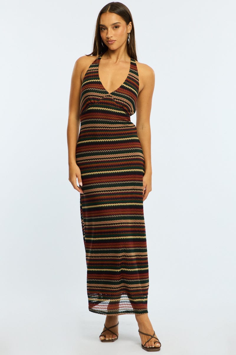 Multi Stripe Midi Dress Halter Neck