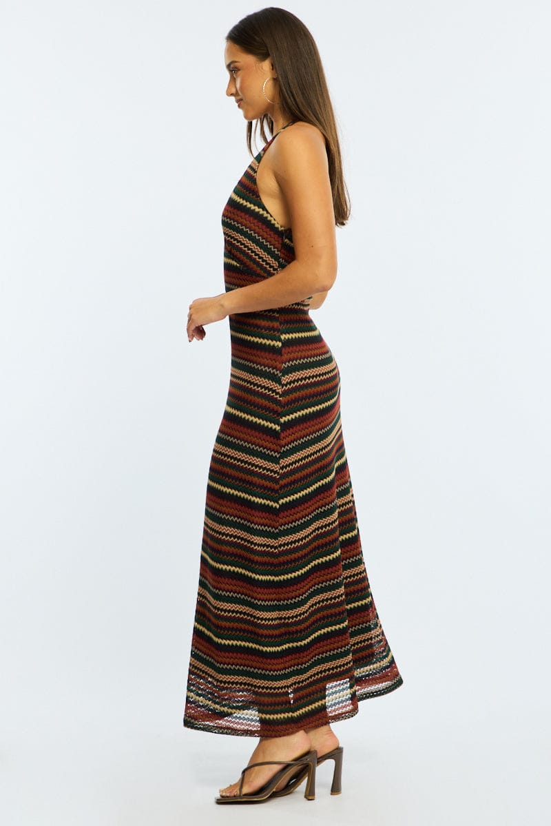 Multi Stripe Midi Dress Halter Neck