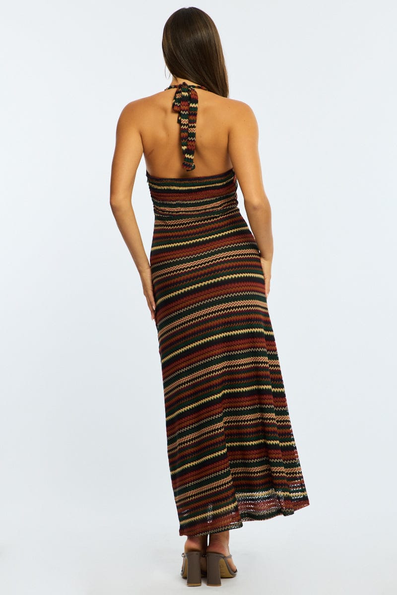 Multi Stripe Midi Dress Halter Neck