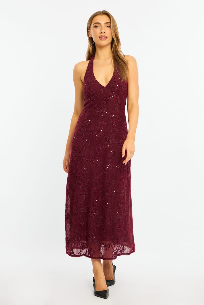Red Midi Dress Halter Neck