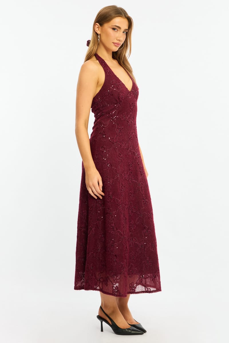 Red Midi Dress Halter Neck