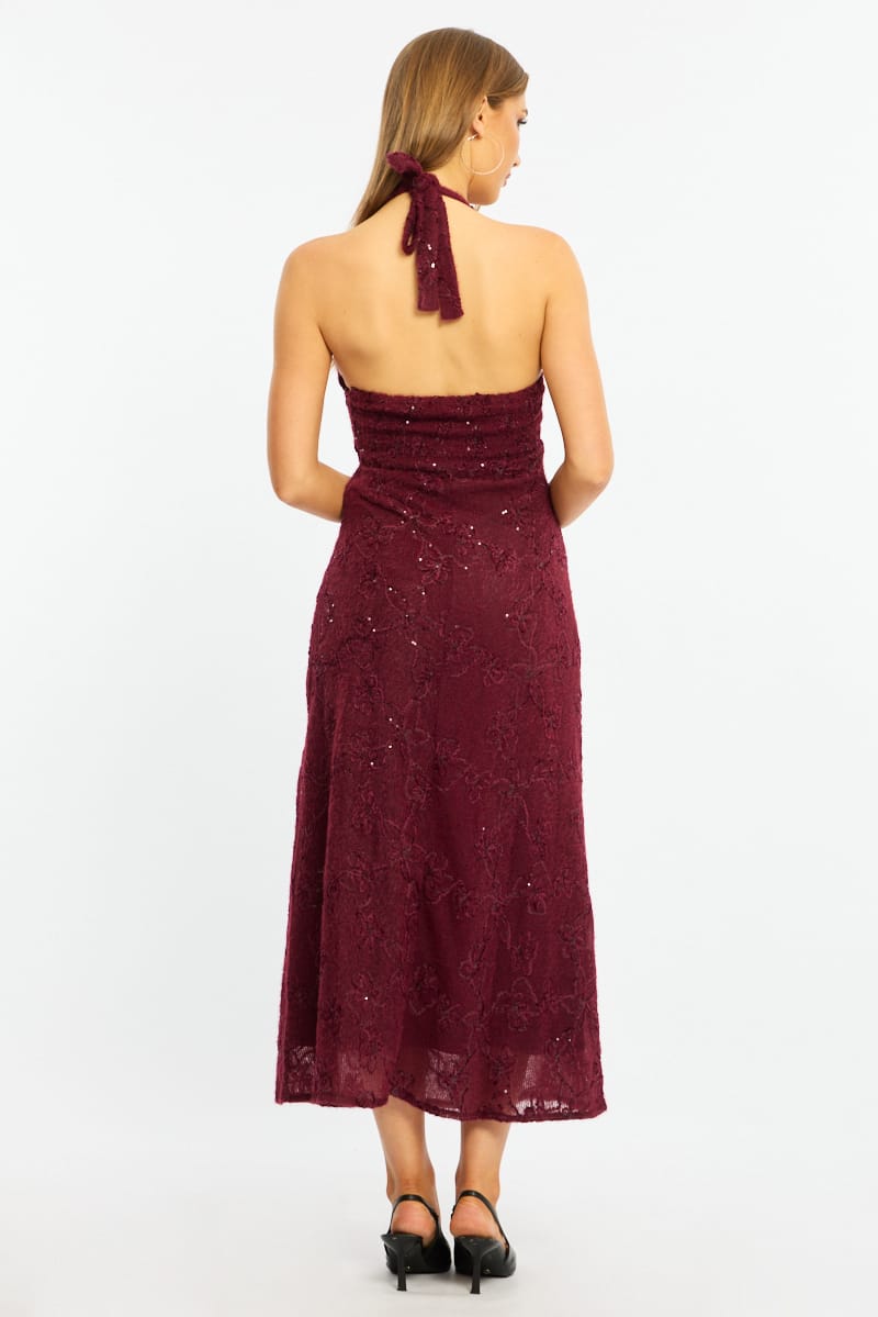 Red Midi Dress Halter Neck