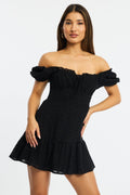 Black Fit And Flare Dress Puff Sleeve Eyelet