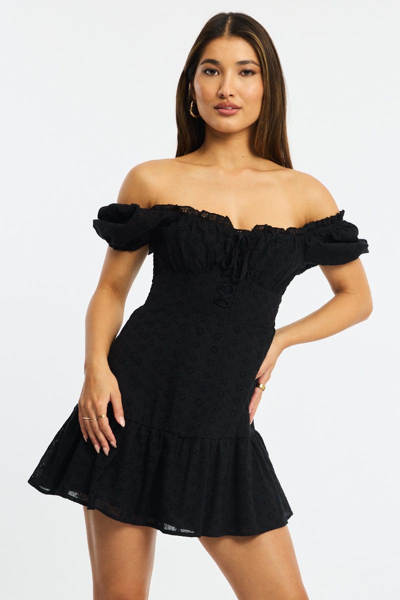 Black Fit And Flare Dress Puff Sleeve Eyelet