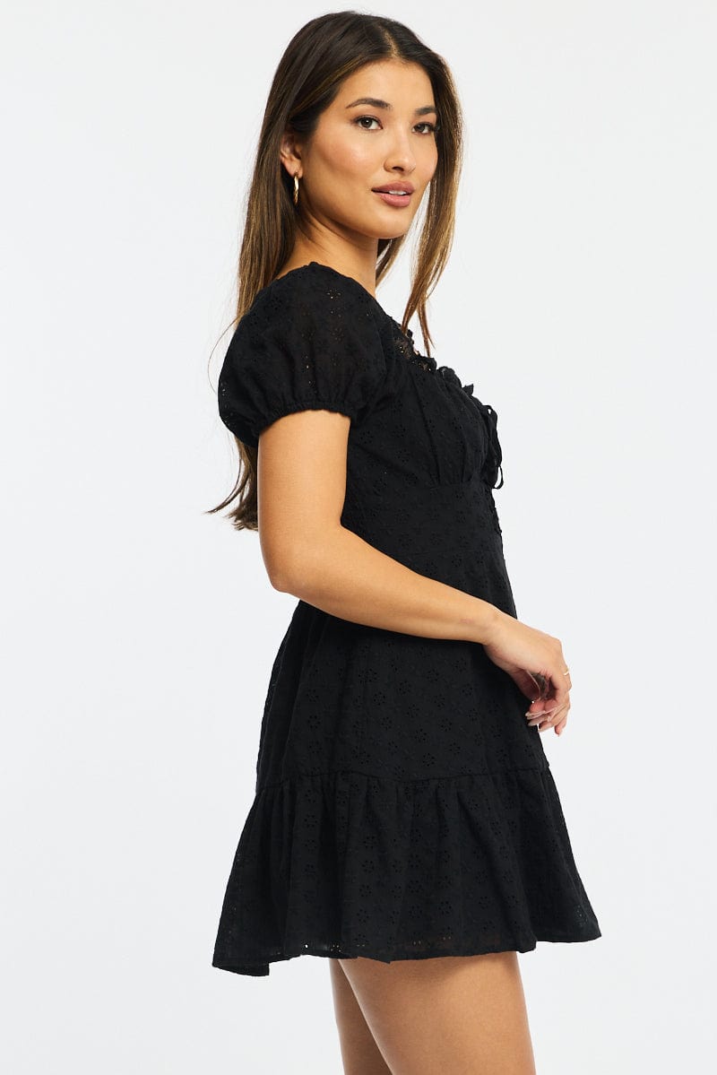 Black Fit And Flare Dress Puff Sleeve Eyelet