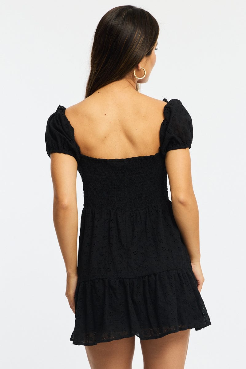 Black Fit And Flare Dress Puff Sleeve Eyelet