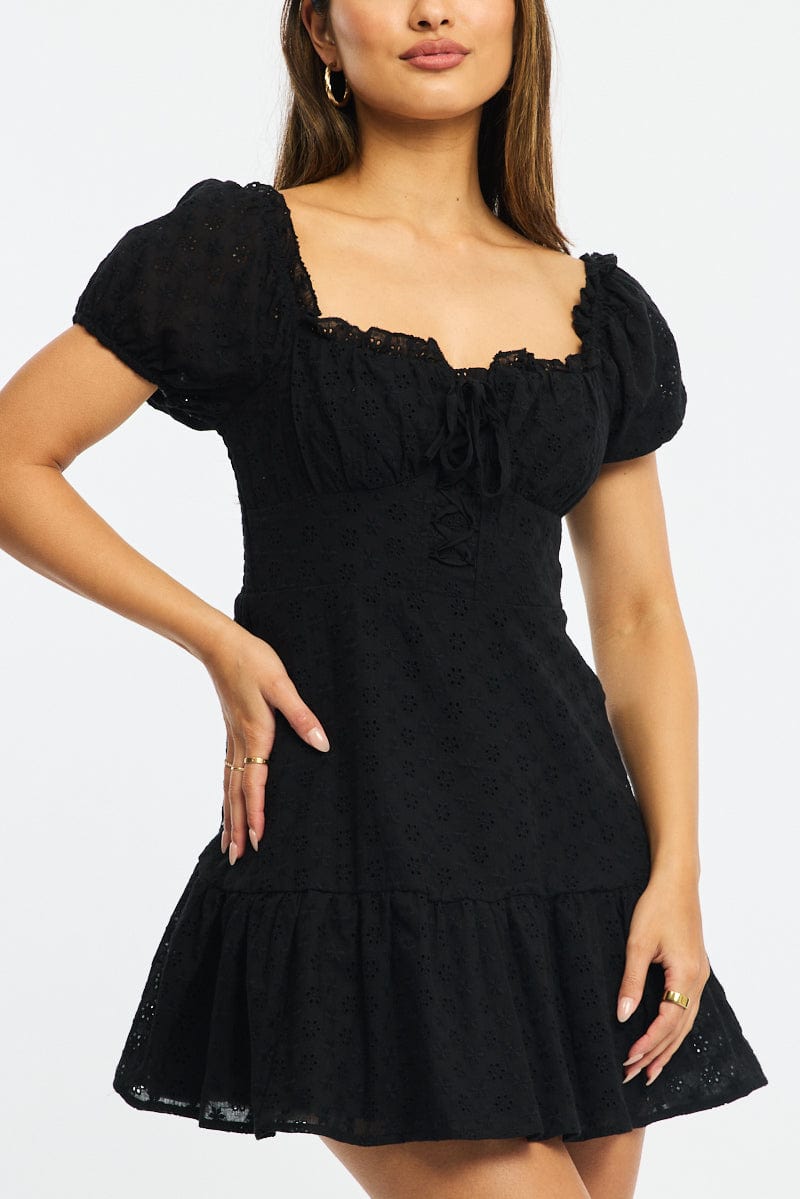 Black Fit And Flare Dress Puff Sleeve Eyelet