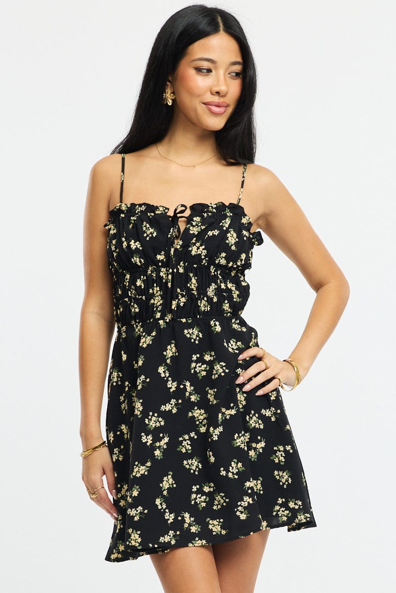 Black Ditsy Fit And Flare Dress Mini