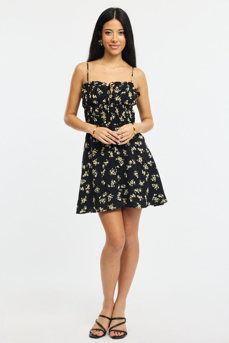 Black Ditsy Fit And Flare Dress Mini