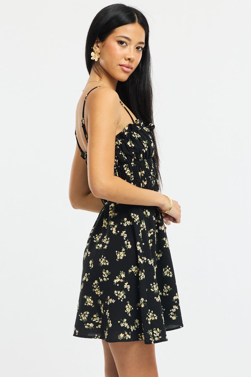 Black Ditsy Fit And Flare Dress Mini