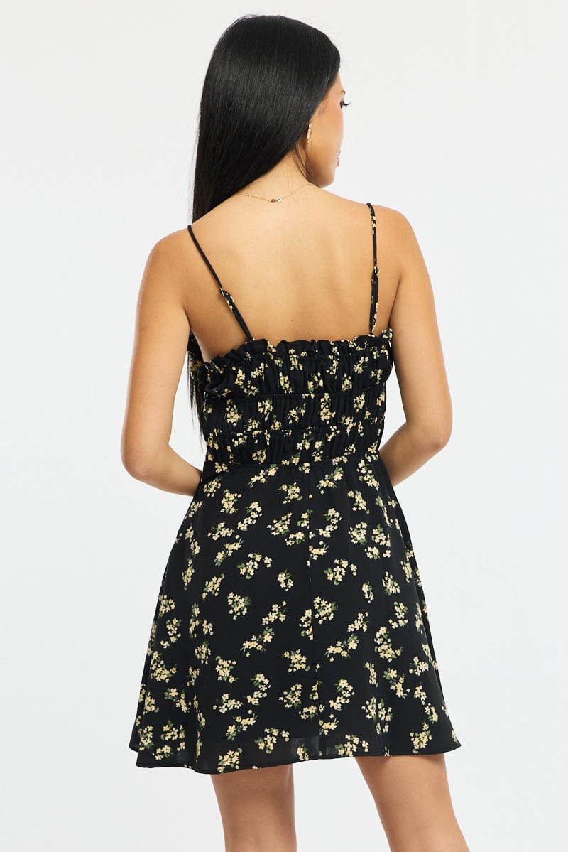 Black Ditsy Fit And Flare Dress Mini