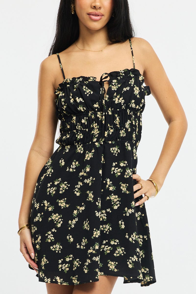 Black Ditsy Fit And Flare Dress Mini