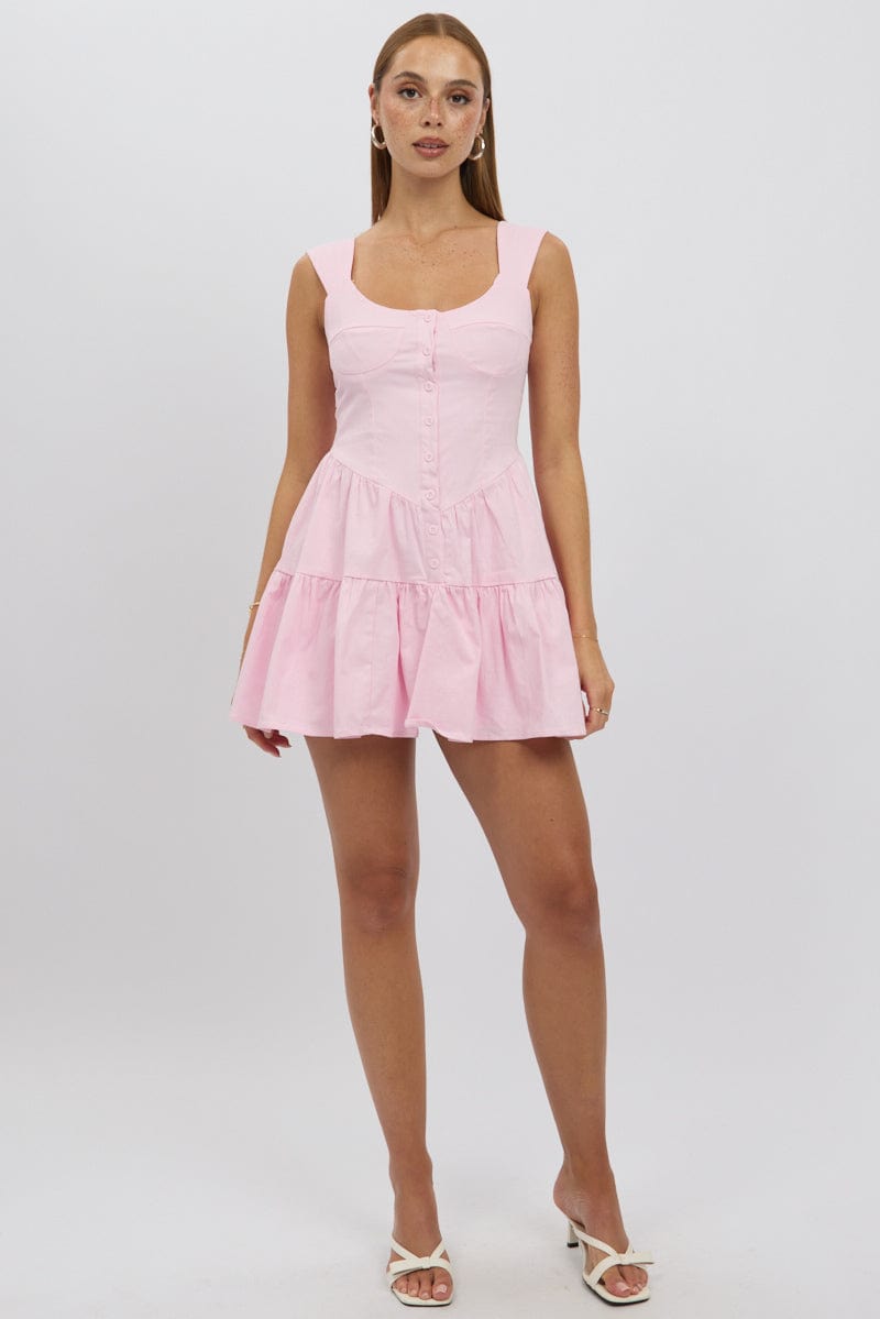 Pink Fit And Flare Dress Mini Front Button
