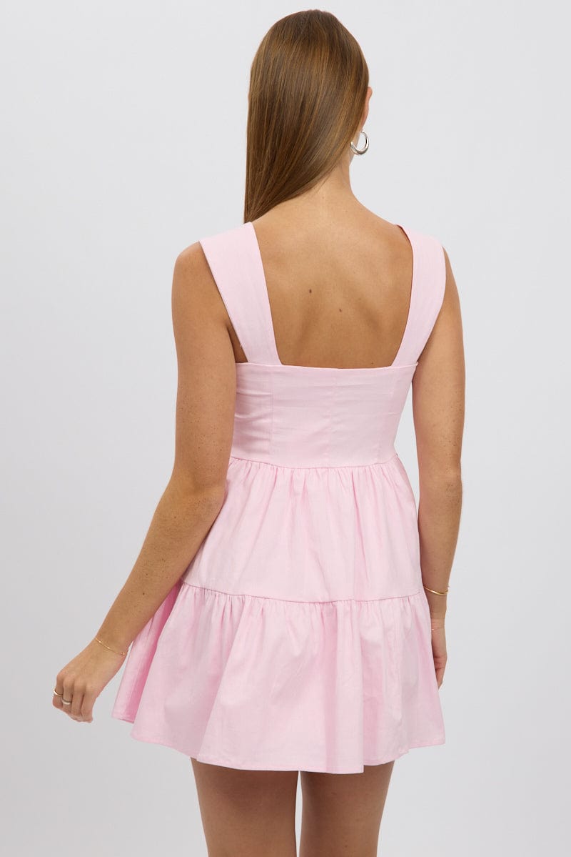 Pink Fit And Flare Dress Mini Front Button