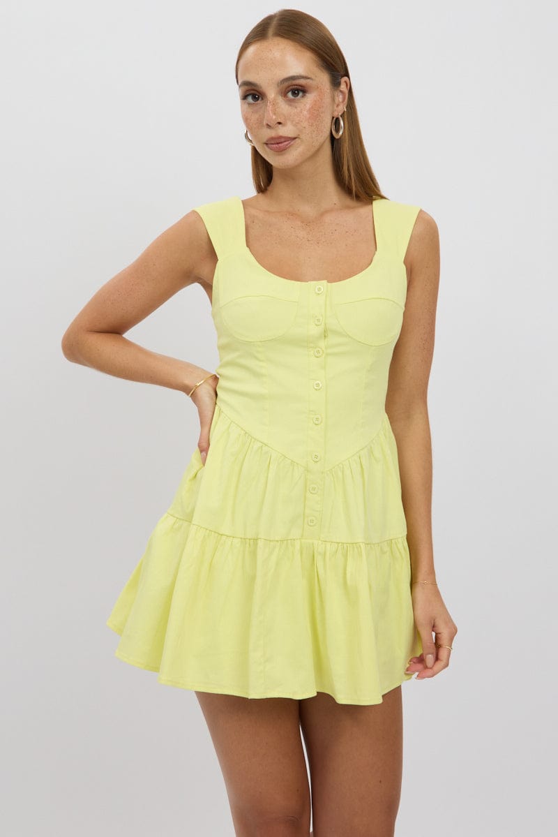 Yellow Fit And Flare Dress Mini Front Button