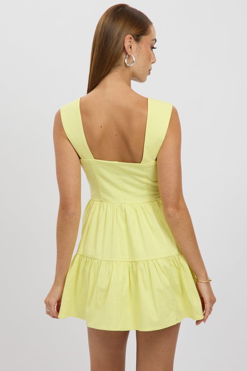 Yellow Fit And Flare Dress Mini Front Button