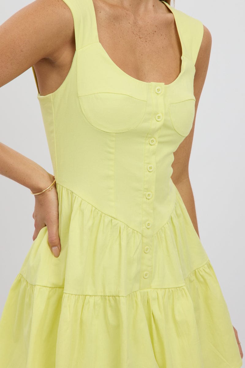 Yellow Fit And Flare Dress Mini Front Button