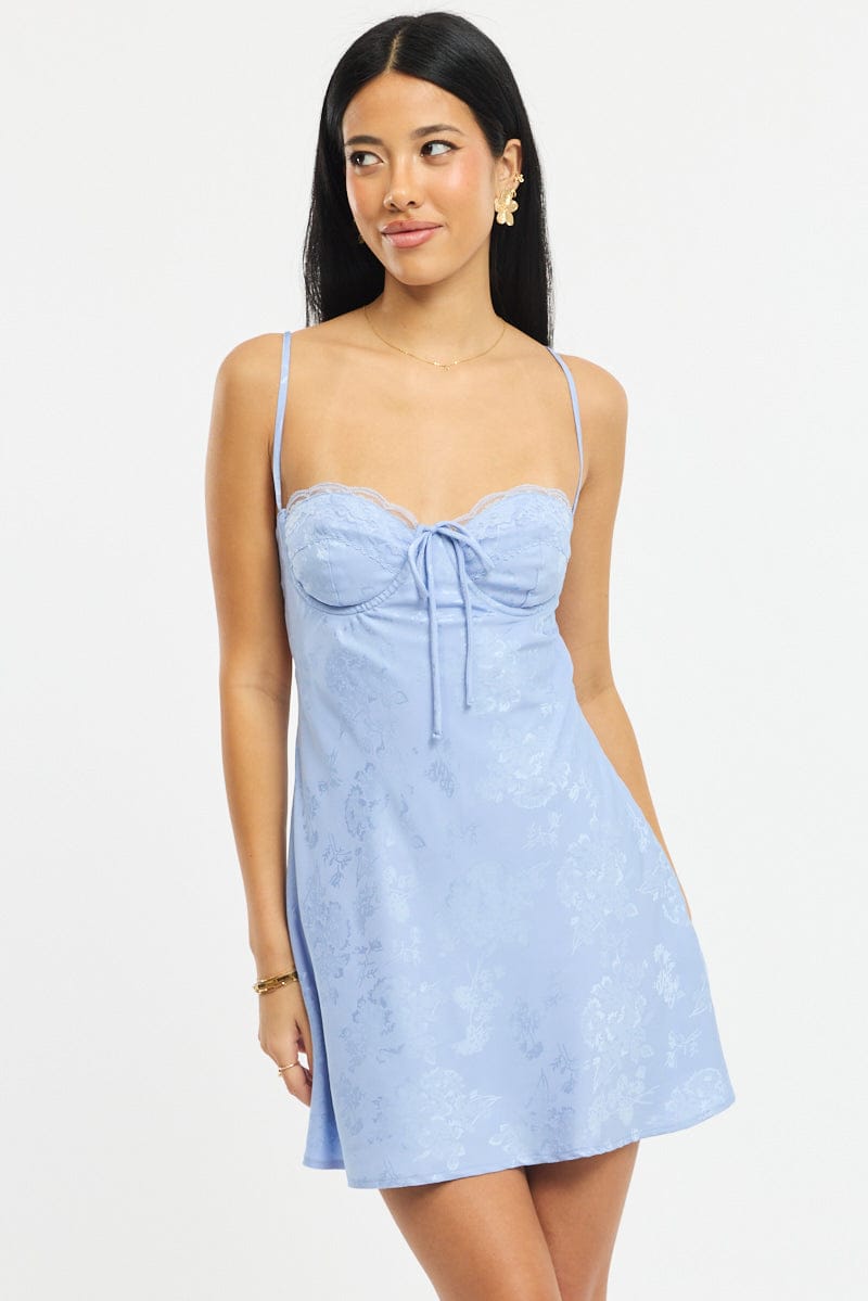 Blue Mini Dress Tie Back Jacquard Fabric